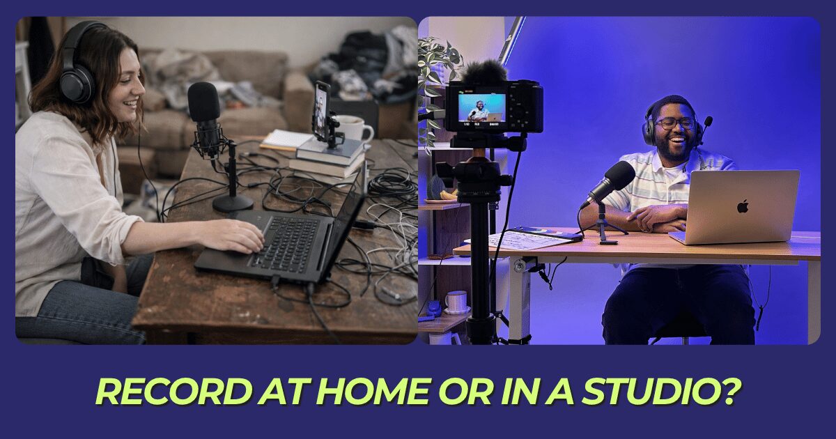 beginner recording podcast at home with simple imperfect setup laptop and microphone