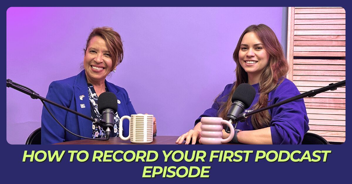 person recording first podcast episode in studio with camera and microphone