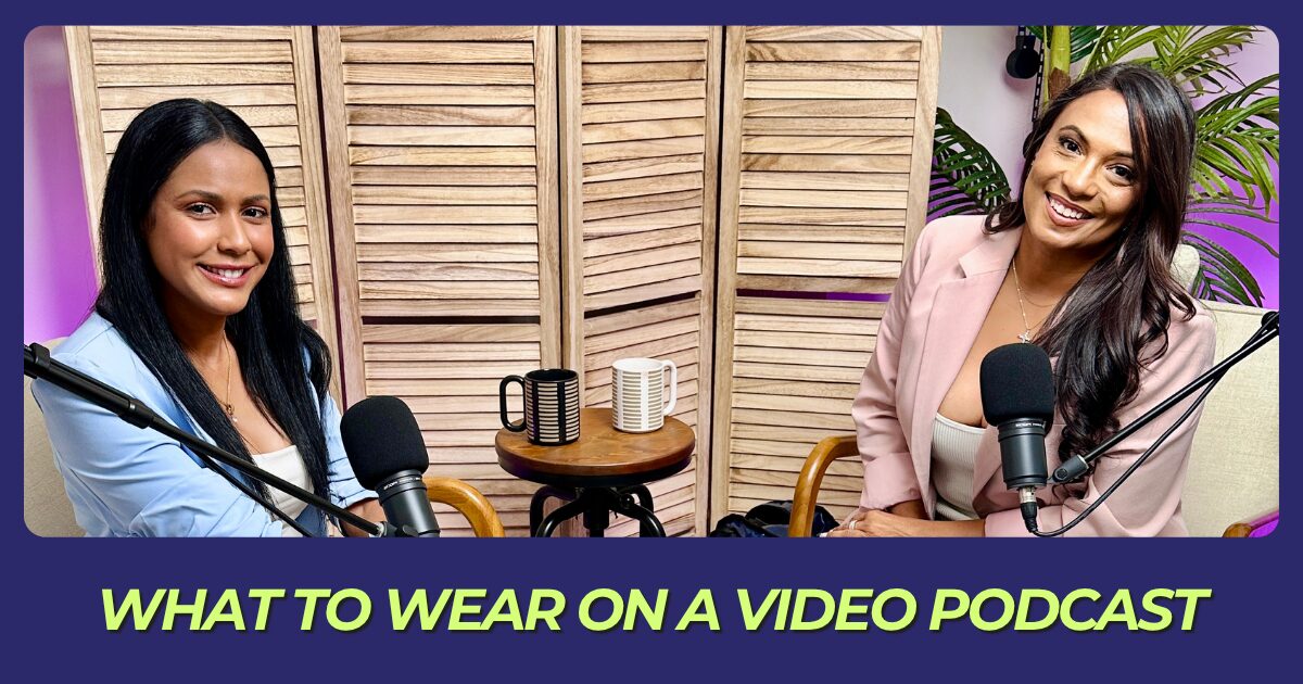 person wearing solid color outfit recording a video podcast with microphone and camera